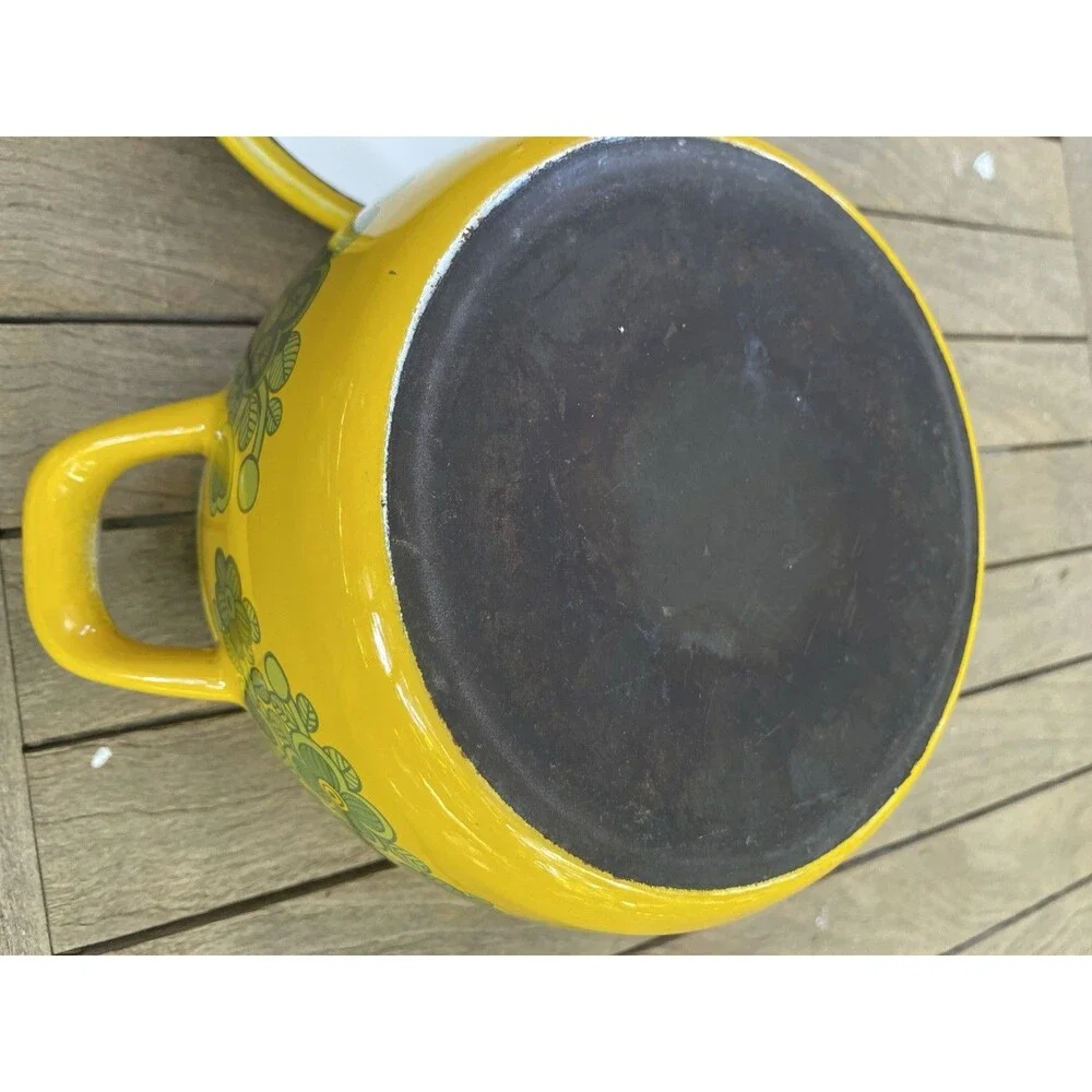 Vintage Arabia Finel Kalas Primavera Enamel Casserole Pot with Lid Yellow Green